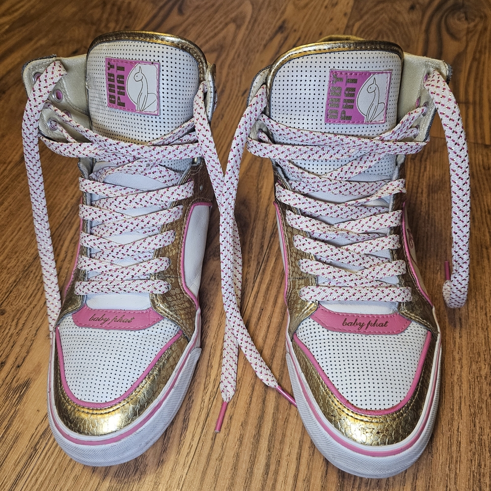 Iconic Baby Phat Gold and Pink High-Top Y2k  Sneakers Vintage M1